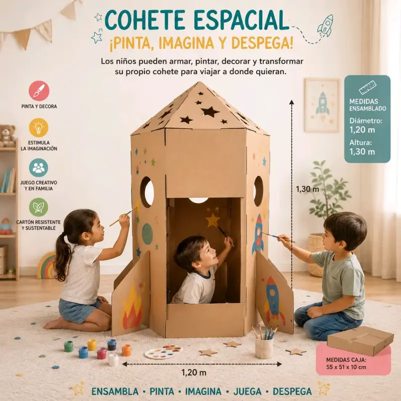 Set de Juegos de Cartón para Niños - Barco, Cohete, Castillo y Cabaña - 2