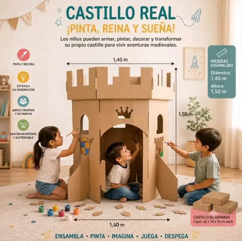 Set de Juegos de Cartón para Niños - Barco, Cohete, Castillo y Cabaña - 3