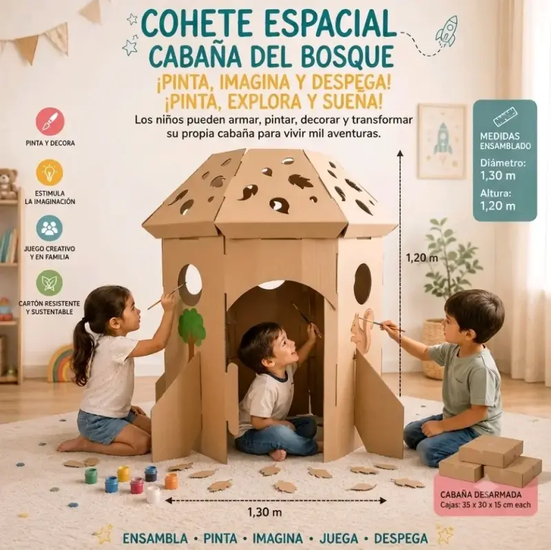 Set de Juegos de Cartón para Niños - Barco, Cohete, Castillo y Cabaña - 4