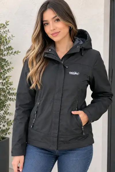 Chaqueta negra con capucha para mujer - miniatura 1