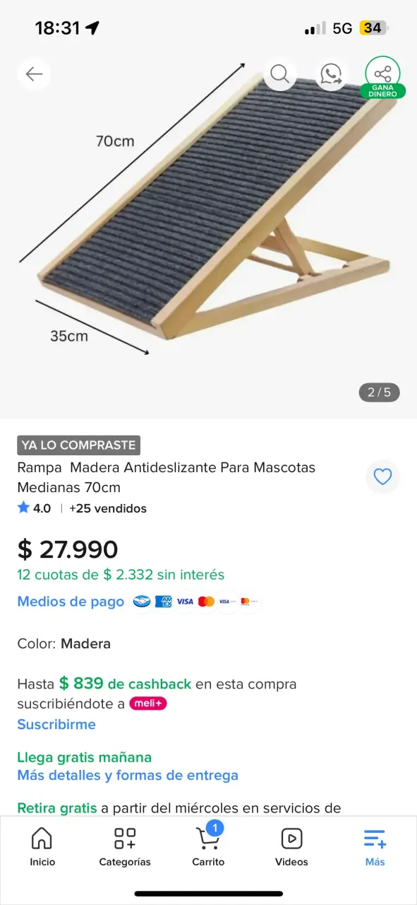 Rampa de Madera Antideslizante para Mascotas M - 2