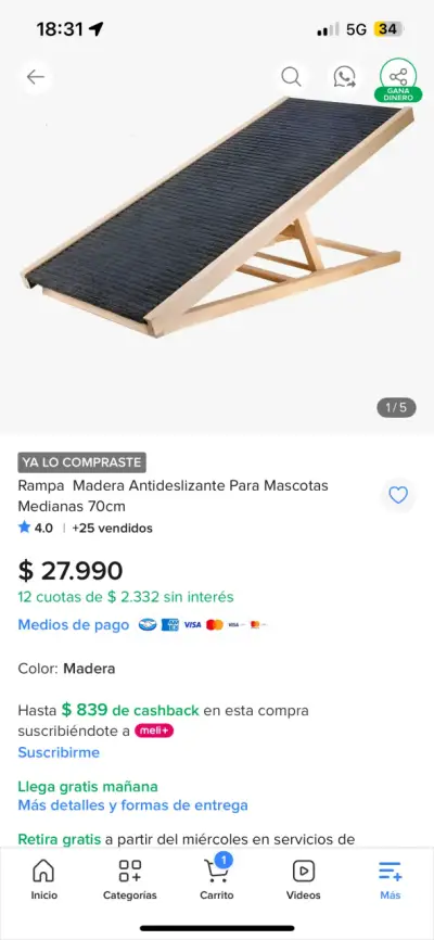 Rampa de Madera Antideslizante para Mascotas M - miniatura 3