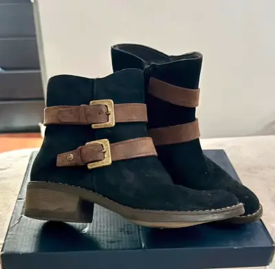 Botines de cuero negro con hebillas marrones - miniatura 1