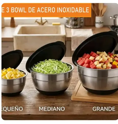 Set de 3 bowls de acero inoxidable con tapas - miniatura 1