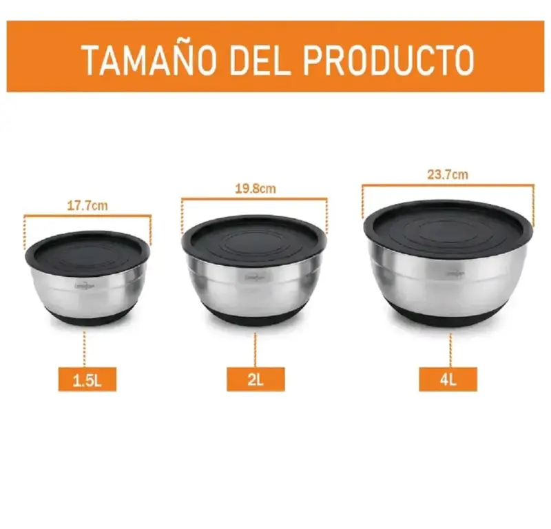Set de 3 bowls de acero inoxidable con tapas - 2