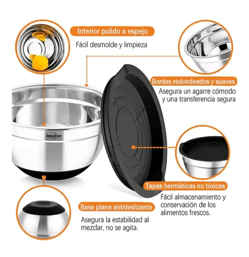 Set de 3 bowls de acero inoxidable con tapas - 6