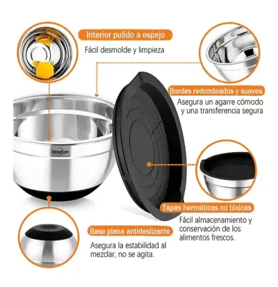 Set de 3 bowls de acero inoxidable con tapas - miniatura 6
