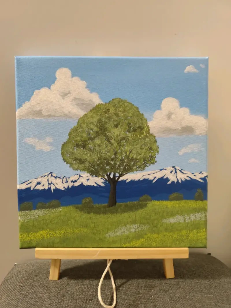 Cuadro de paisaje con árbol y montañas - 1