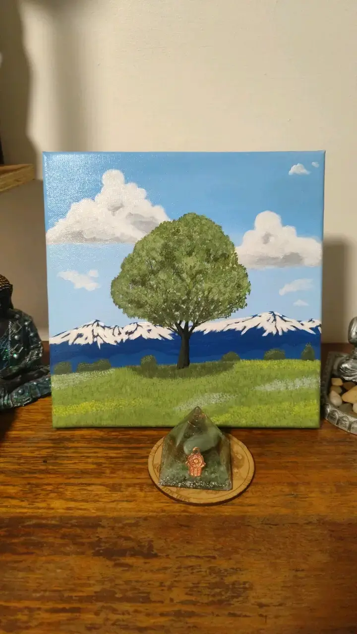 Cuadro de paisaje con árbol y montañas - 2