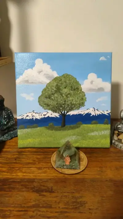 Cuadro de paisaje con árbol y montañas - miniatura 2
