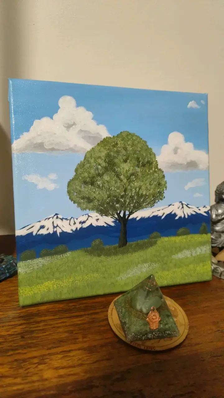Cuadro de paisaje con árbol y montañas - 3