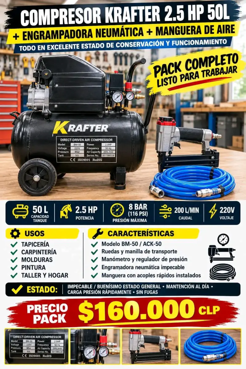 Compresor Krafter 2.5 HP 50L con Engrapadora y Manguera - 1