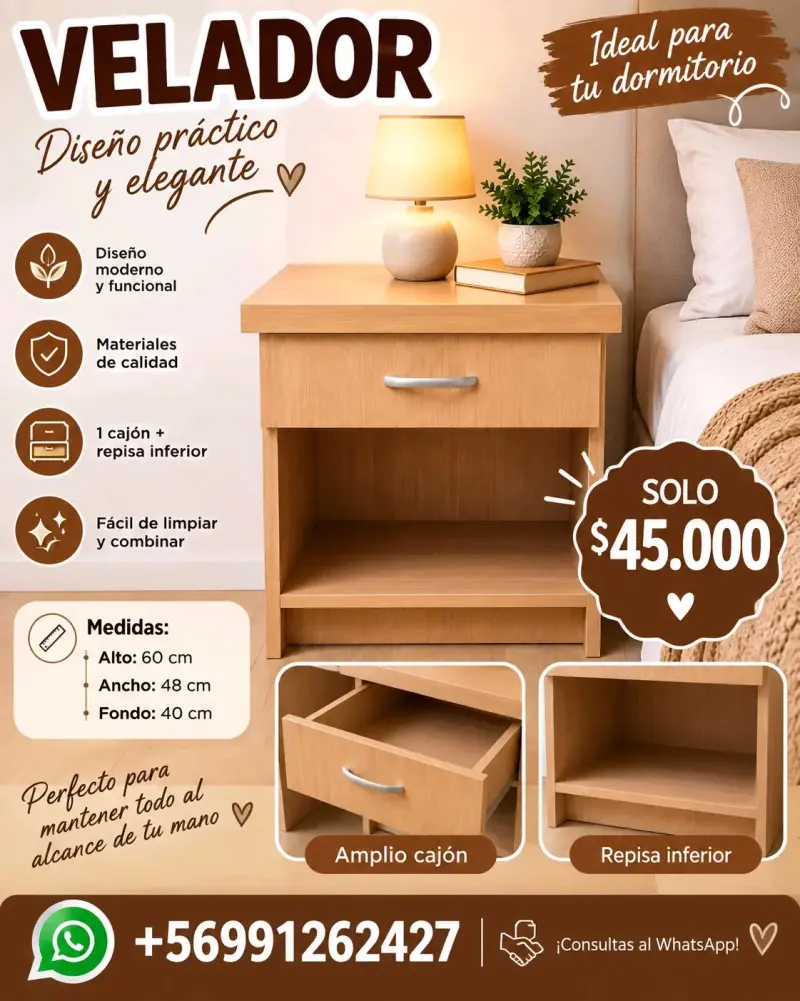 Velador de madera con cajón y repisa