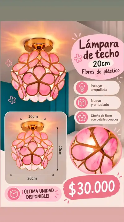 Lámpara de techo con flores de plástico rosa - miniatura 1