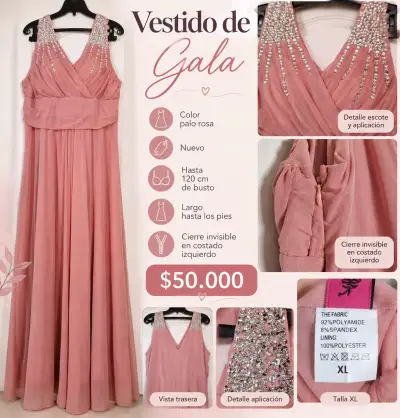Vestido de gala palo rosa – Nuevo – Talla XL - miniatura 1