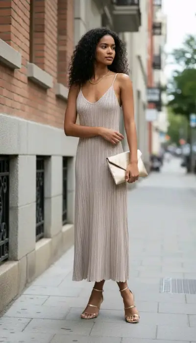 Vestido largo plisado beige elegante - miniatura 2