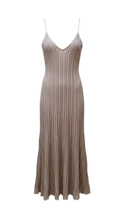 Vestido largo plisado beige elegante - miniatura 3