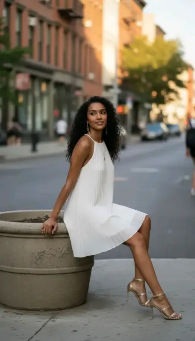 Vestido corto plisado blanco elegante - miniatura 2
