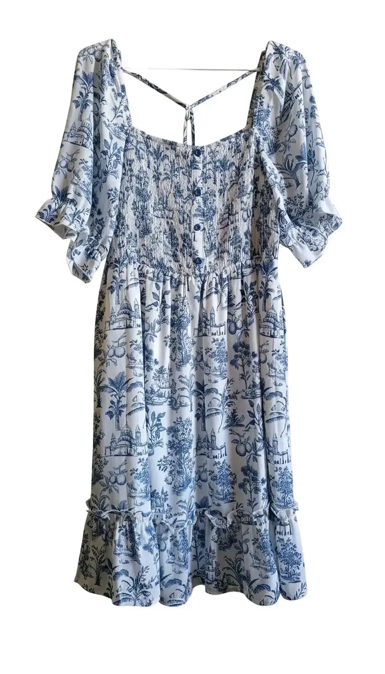 Vestido corto estampado floral azul y blanco - 3