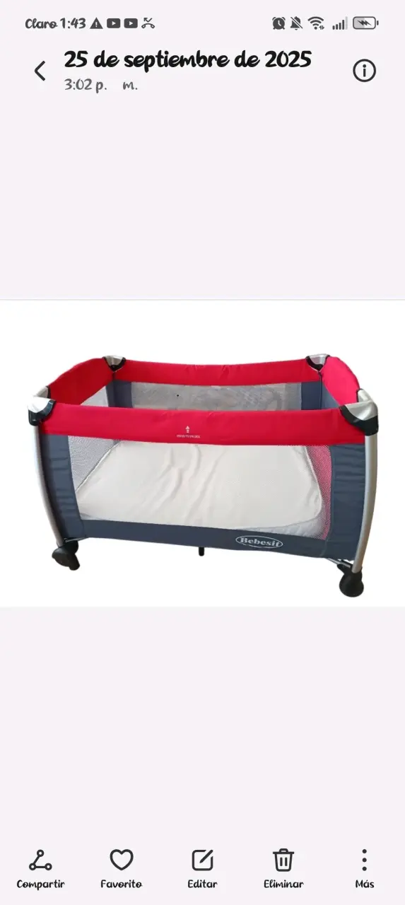Cuna corral Bebesit plegable roja y gris