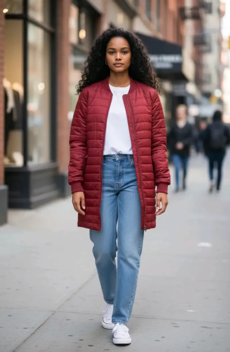 Abrigo parka largo acolchado rojo para mujer
