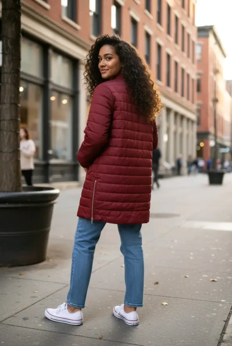 Abrigo parka largo acolchado rojo para mujer - 2