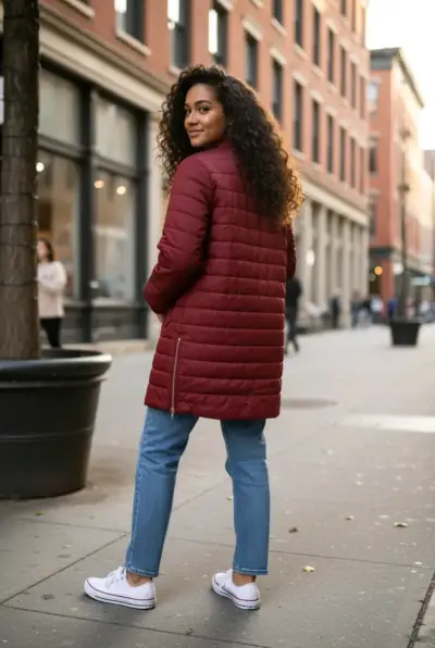 Abrigo parka largo acolchado rojo para mujer - miniatura 2
