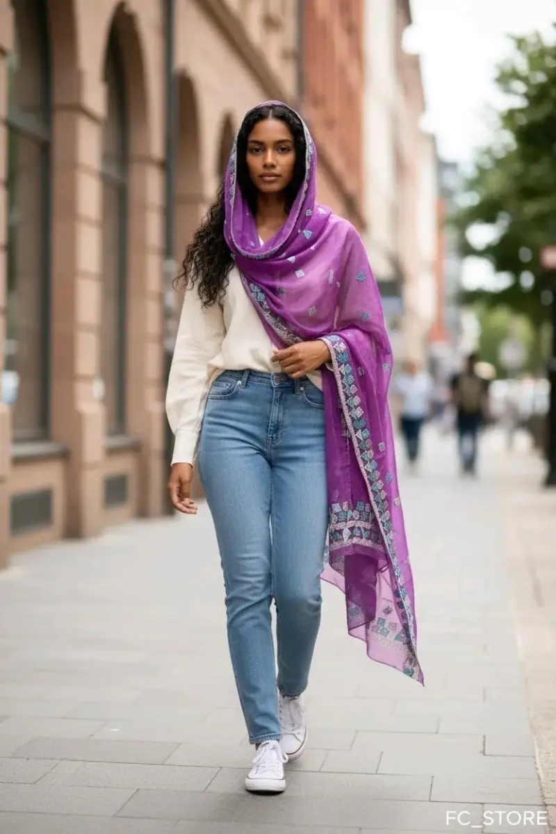 Chal morado con bordados decorativos - 1