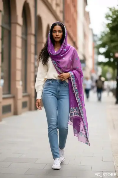 Chal morado con bordados decorativos - miniatura 1