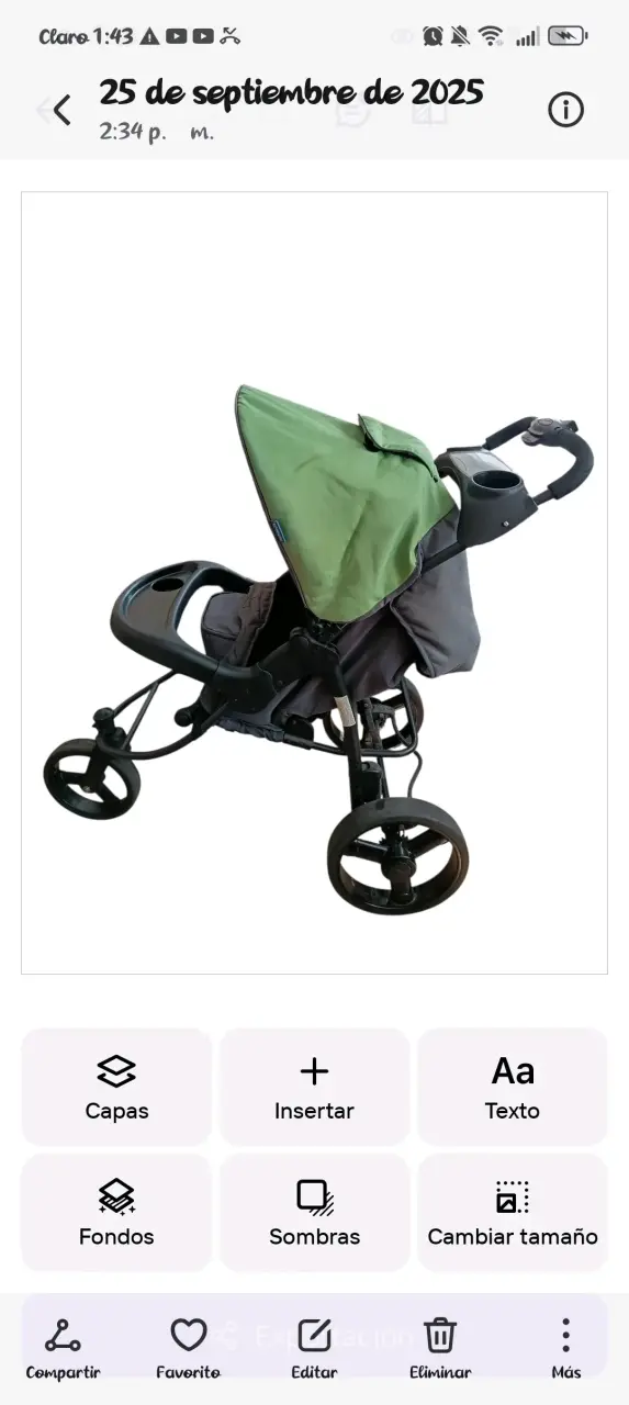 Coche de bebé verde y negro con toldo ajustable - 1