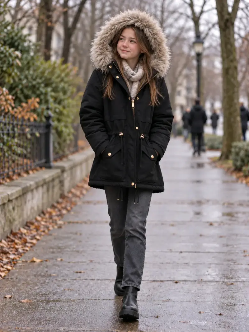 Parka negra con capucha de piel sintética Talla 36 - 2