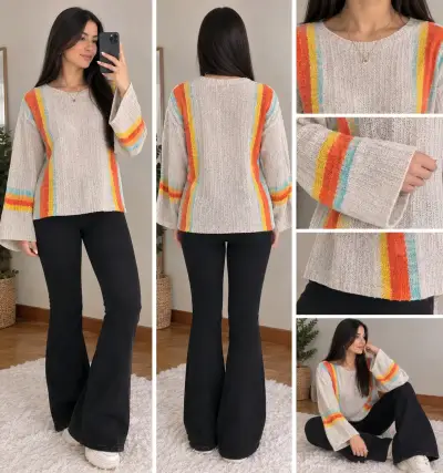 Suéter de punto con rayas coloridas para mujer - miniatura 2