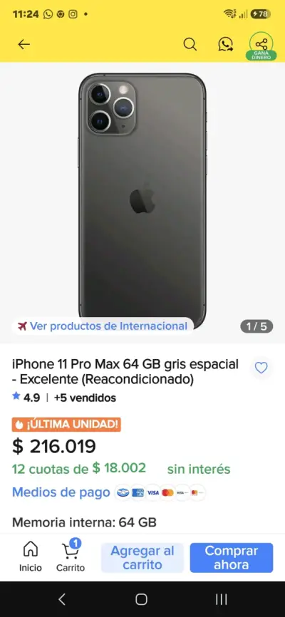 iPhone 11 Pro Max 64GB Gris Espacial Reacondicionado - miniatura 1