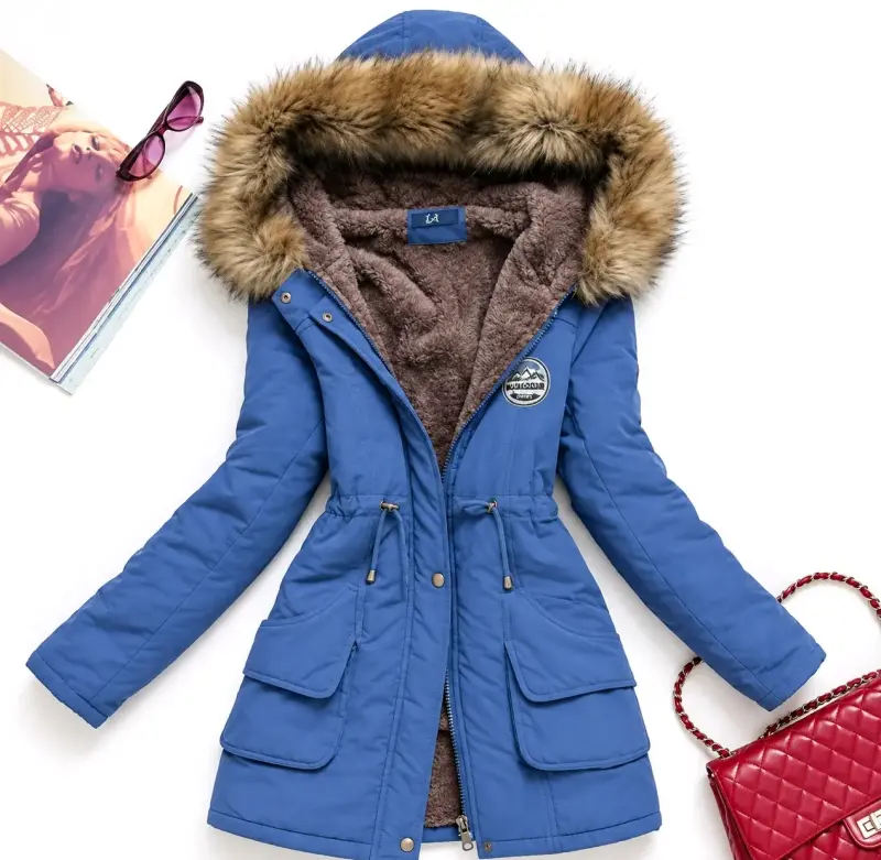 Parka azul con capucha de piel sintética