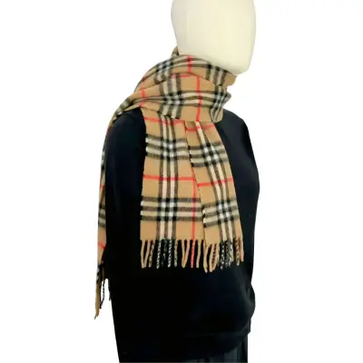 Bufanda Diseño Cuadrillé Talla S con flecos Camel - miniatura 2