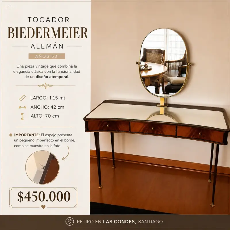 Tocador Biedermeier Alemán Vintage con Espejo - 1