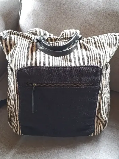 Mochila de tela rayada con asas de cuero - miniatura 1
