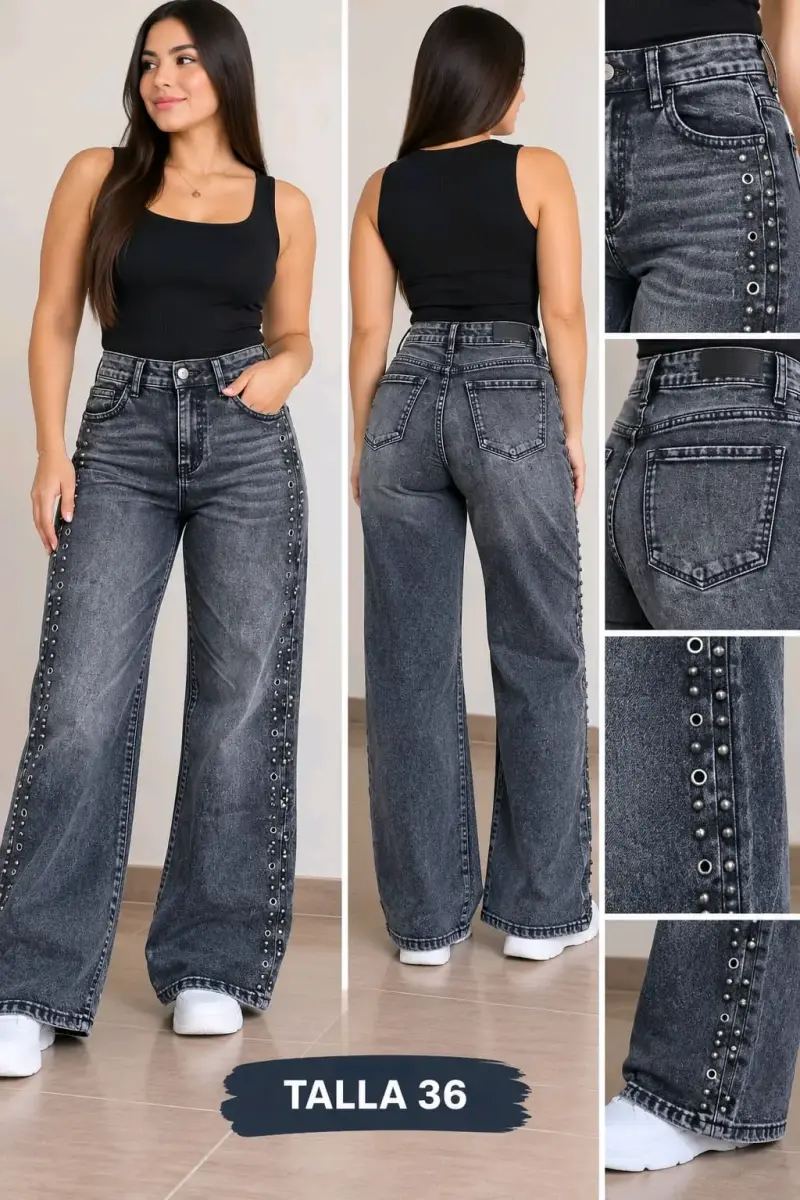 Jeans anchos gris con detalles metálicos talla 36
