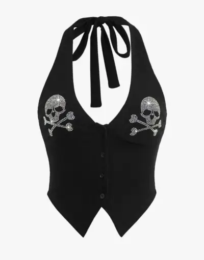 Top halter negro con calaveras brillantes - miniatura 1