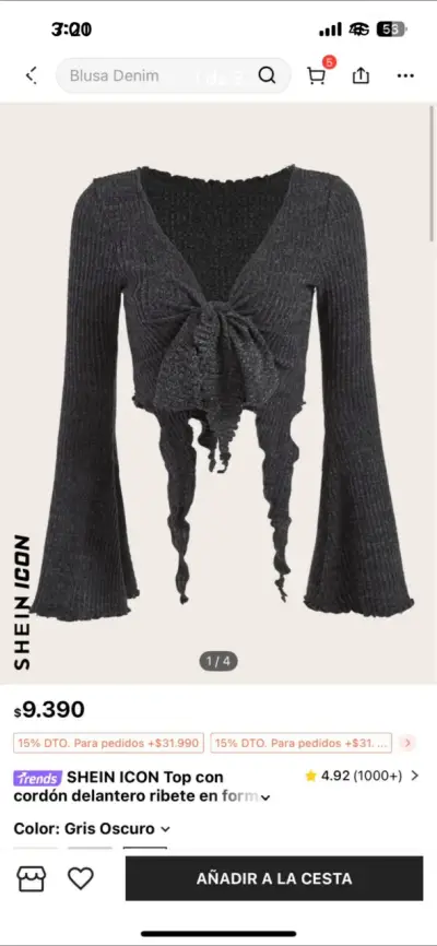 Top Shein Icon gris oscuro con cordón delantero - miniatura 1