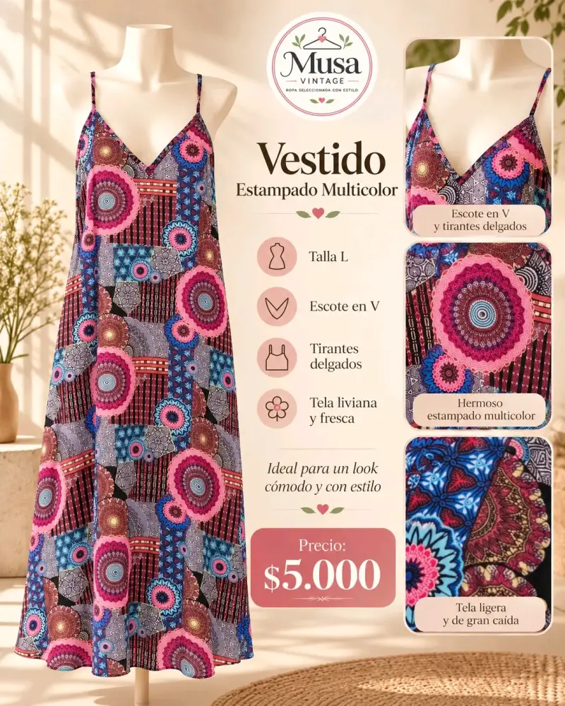 Vestido vintage con estampado tropical talla S/M - 6