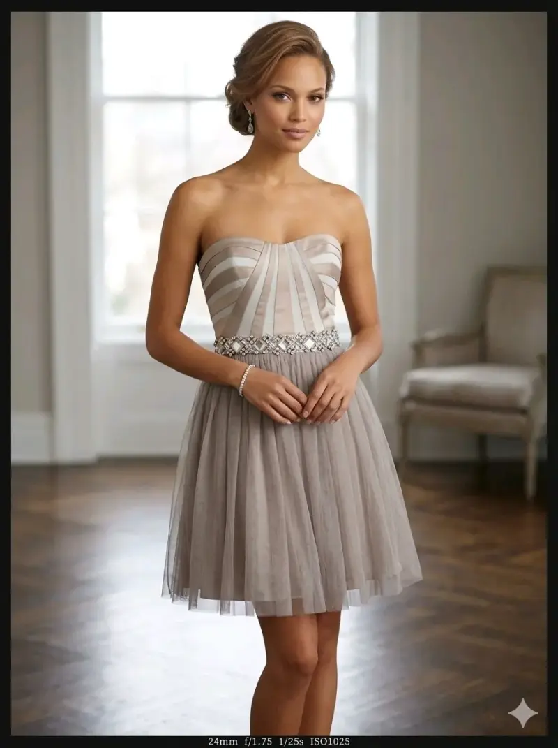 Vestido de fiesta strapless gris con detalles brillantes - 1