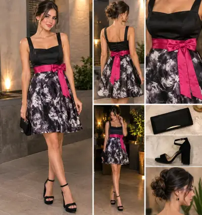 Vestido de fiesta corto con lazo fucsia - miniatura 1