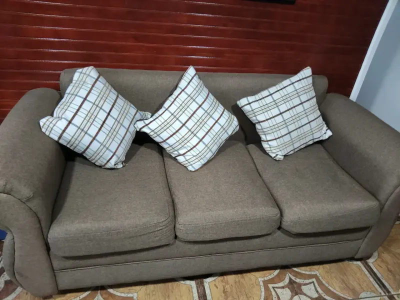 Sofá y sillón de tela gris con cojines - 3
