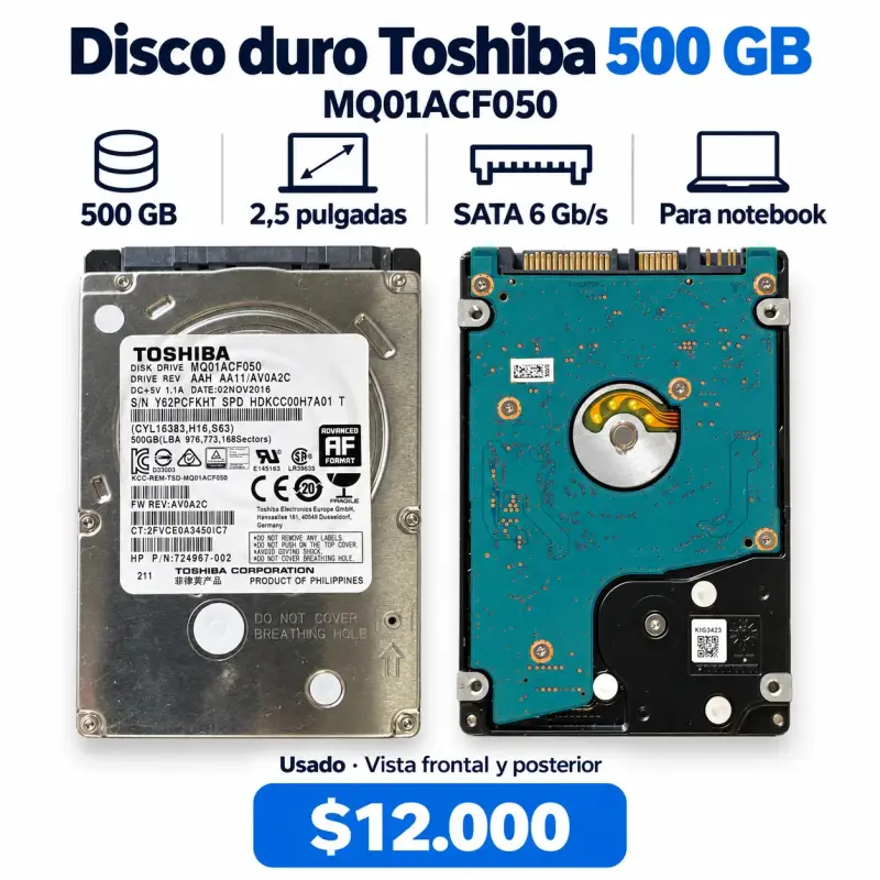 Disco Toshiba 500 GB SATA notebook USADO