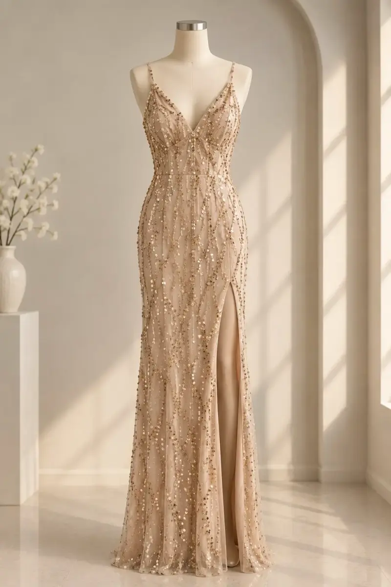 Vestido de fiesta largo con lentejuelas doradas