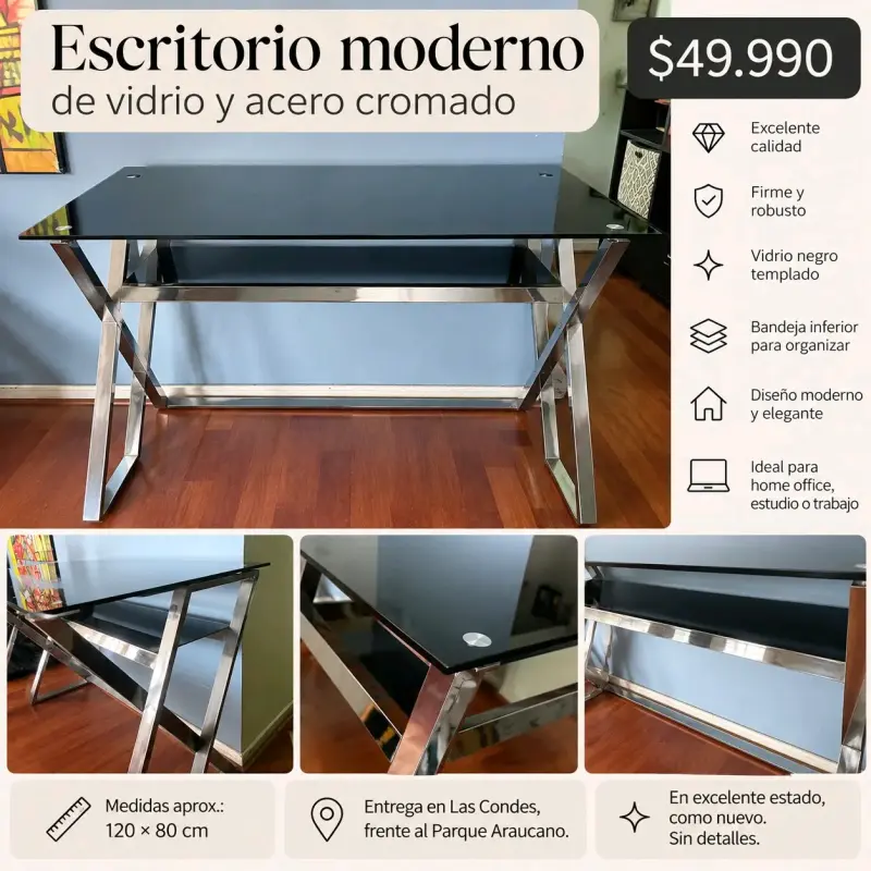 Escritorio moderno de vidrio y acero cromado