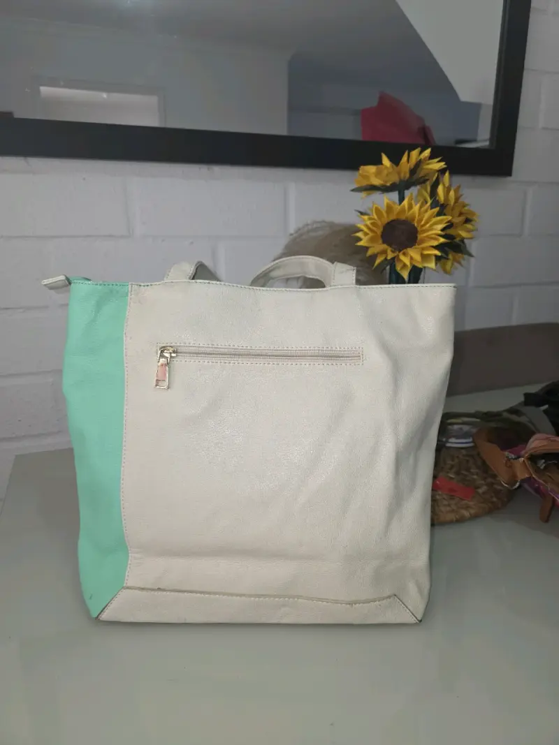 Bolso tote bicolor verde y beige - 3