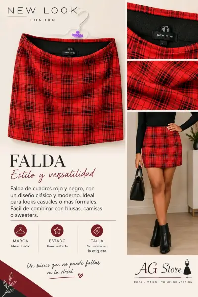 Falda de cuadros roja y negra New Look - miniatura 4