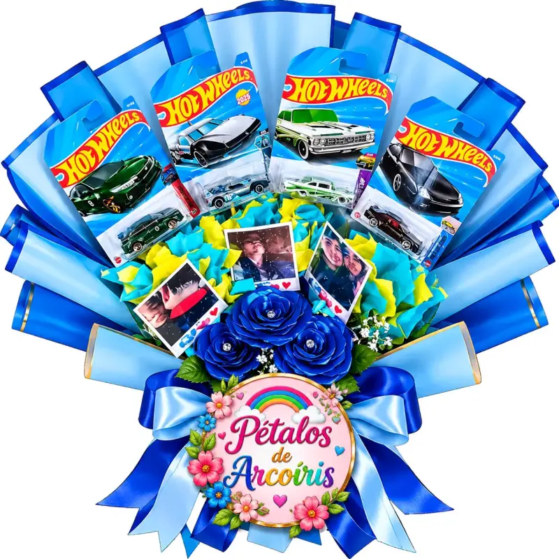 Ramo de Juguetes Hot Wheels con Flores y Fotos